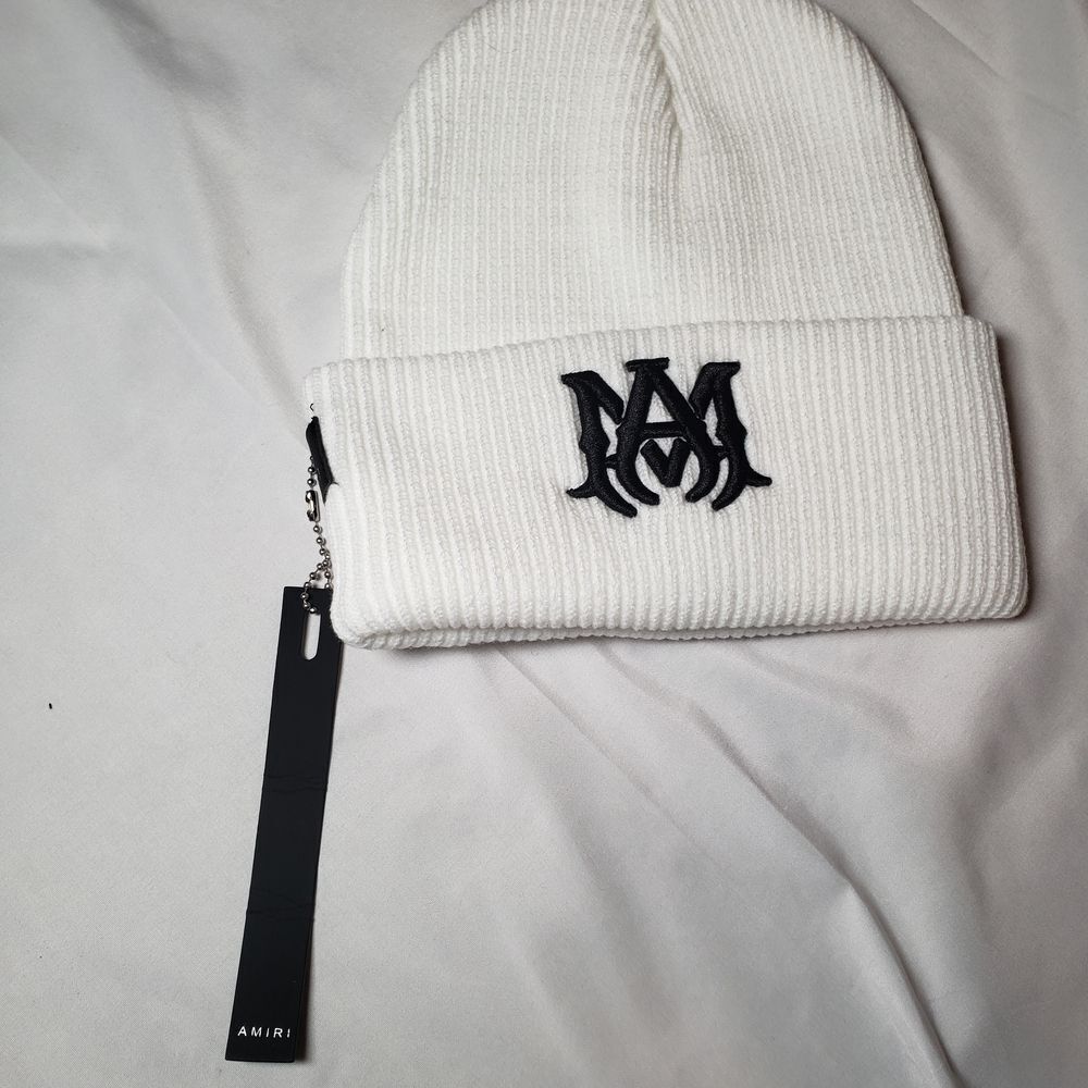 AMIRI White Ribbed Beanie with Black Logo